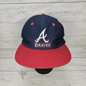 Vintage 90s Atlanta Braves Split Bar Snapback Hat Cap Clark Sportswear Blue Red